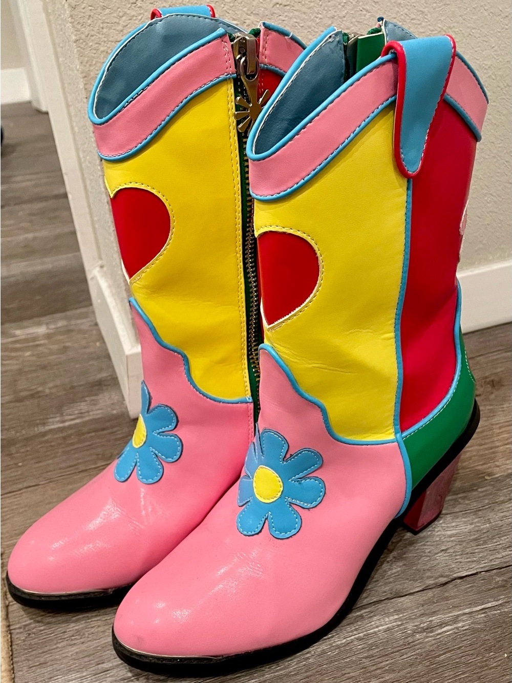 Colorblock Flower Cowgirl Boots - Pink Yellow Blue Green